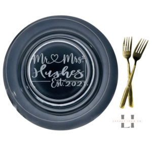Mr. and Mrs. Wedding Plate Clear Glass with gold engraved forks