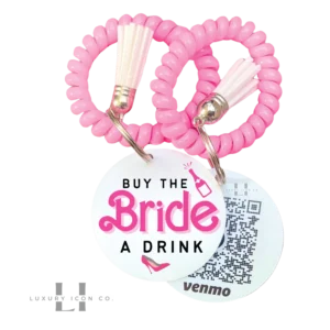 Malibu Bachelorette Party Buy the Bride a Drink Bracelets Barbie style with Pink bands and white tassels making them the perfect Bach Party Favor. By Luxury Icon Co.