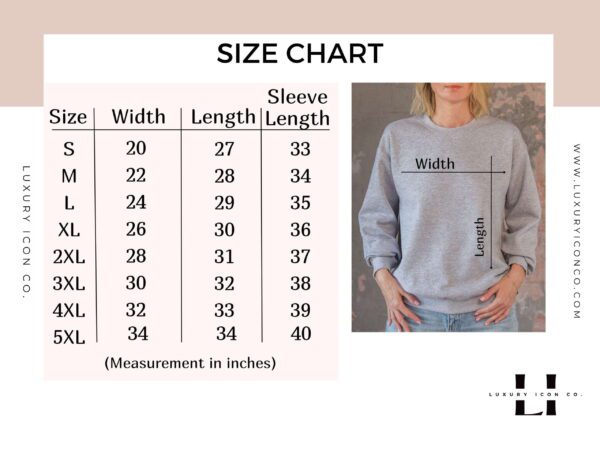 crewneck sweatshirt sizing chart. By Luxury Icon Co.