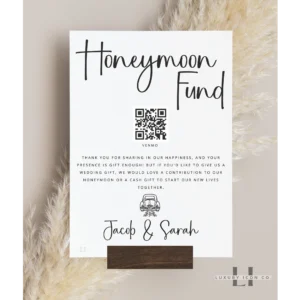 Getaway Car Honeymoon Fund Sign with couples name white acrylic with walnut stand
