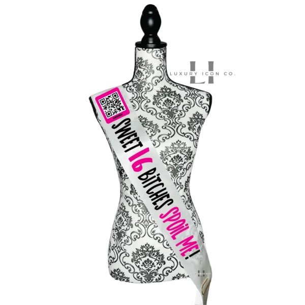 Sweet Sixteen spoil me birthday sash with QR code. by Luxury Icon Co