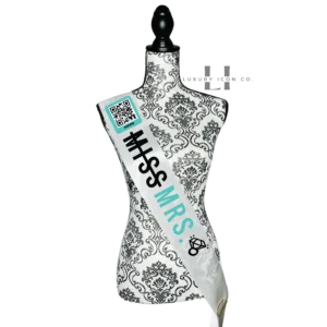 Miss to Mrs. Bridal Sash with QR code to Buy the Bride a Drink. By Luxury Icon Co.