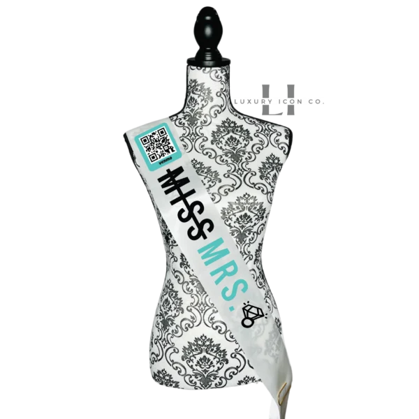 Miss to Mrs. Bridal Sash with QR code to Buy the Bride a Drink. By Luxury Icon Co.